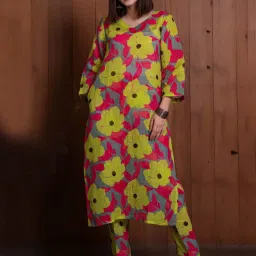 Eeshva India Yellow & Pink Garden Of Dreams Pure Linen Kurta image 5