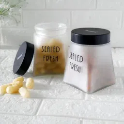 Femora Transparent Glass Square Kitchen Storage Jar With Airtight Steel Lid 800ml - Set of 2 image 3