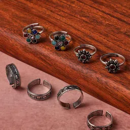 VENI Set Of 4 Silver-Plated Oxidised Toe Rings-image-81