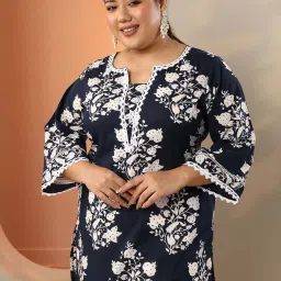 Extra Love By Libas Blue Cotton Straight Fit Floral Print Plus Size Kurta image 5