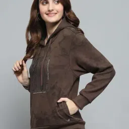 Monte Carlo Women's Dark Brown Printed Hooded Neck Full Sleeve Sweatshirt image 2