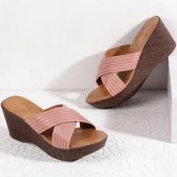 Mochi Women's Pink Cross Strap Wedges-picture-31