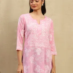 House Of Chikankari Pink Cotton Straight Fit Chikankari Short Kurta-picture-33