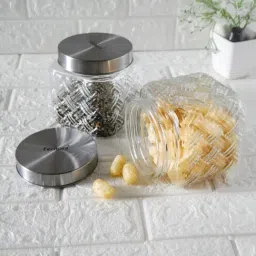 Femora Embossed Glass Square Kitchen Storage Jar With Airtight Steel Lid 650ml - Set of 2 image 4