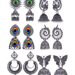 Sangria Set Of 6 Silver Plated Oxidized Jhumka Earrings-picture-40