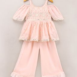 Twisha Half Cold Shoulder Sleeves All Over Floral Embroidered Peplum Kurta With Ruffled Sharara - Baby Pink-picture-19
