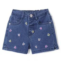 Babyhug Denim Mid Thigh Length Shorts With Stretch Butterfly Embroidery - Dark Blue-picture-20