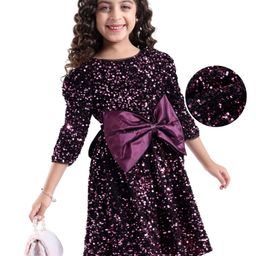 Hola Bonita Full  Sleeves Velvet Sequined Party Frock with Bow Applique - Pink-picture-1