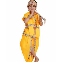 Kaku Fancy Dresses Janmashtami Theme Half Sleeves Lace Embellished Krishna Costume Set - Yellow-picture-36