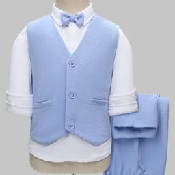 Babyhug Knit Full Sleeves Solid Color 3 Piece Party Suit with Bow Applique - White & Blue image 1