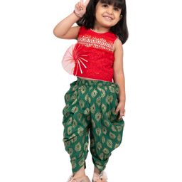 Twisha Sleeveless Sequin Embellished Floral Applique Top With Ethnic Motifs Printed Dhoti Set - Red & Green-picture-12