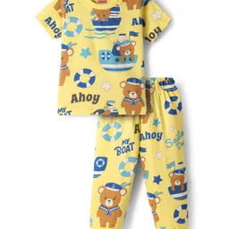 Babyhug Cotton Knit Half Sleeves Co-Ord Night Suit With Teddy Bear Print - Yellow-picture-24