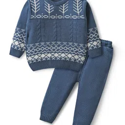 Babyhug Knitted Full Sleeves Pullover Sweater Set with Cable Knit & Fair Isle Design - Royal Blue-picture-16