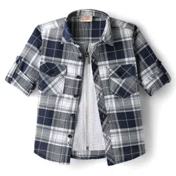 Rikidoos Full Sleeves Checked Shirt With Solid Attached Tee - Blue & Melange-picture-22