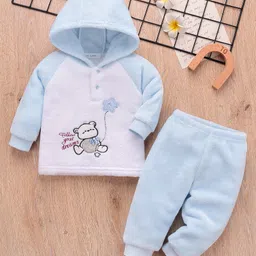 Mark & Mia Raglan Full Sleeves Winter Wear Hooded Night Suit With Animal Embroidery - Light Blue-picture-22