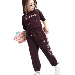 ollington st. OLLINLTON ST. Waffle Knit Half Sleeves Hoodie & Joggers Set with Text Print & Tape Detailing - Wine image 2