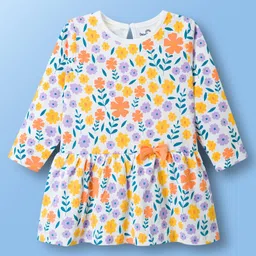 Doodle Poodle 100% Cotton Single Jersey Knit Full Sleeves Frock With Leggings & Floral Print - White & Orange image 2