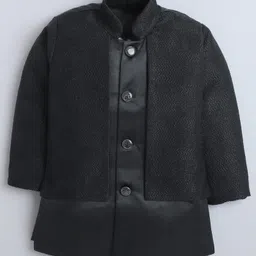 Fourfolds Jacquard Woven Full Sleeves Solid Sherwani With Abstract Embroidered Attached Jacket & Trousers Set - Black image 3