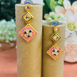 Dhivara Gold-Plated Artificial Stones Studded Geometric Shaped Drop Earrings image 2