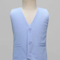 Babyhug Knit Full Sleeves Solid Color 3 Piece Party Suit with Bow Applique - White & Blue image 4
