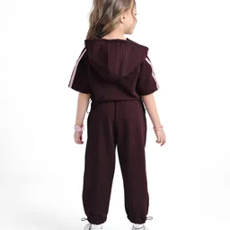 ollington st. OLLINLTON ST. Waffle Knit Half Sleeves Hoodie & Joggers Set with Text Print & Tape Detailing - Wine image 5