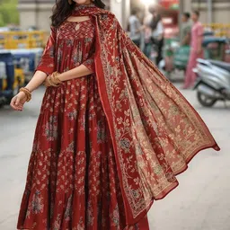 SZN Floral Printed Tiered A-Line Kurta With Trousers & Dupatta-picture-40