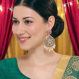 OOMPH Artificial Stones Studded & Beaded Floral Shaped Jadau Drop Earrings image 5