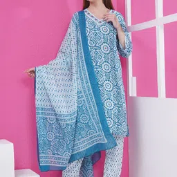 LABEL KASHI Women Floral Printed Cotton Kurta with Trousers & Dupatta-picture-19