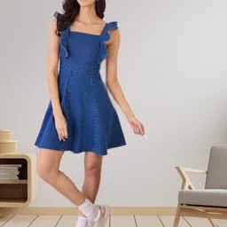 R.Code by The Roadster Life Co. Women Square Neck Flutter Sleeves Denim Fit & Flare Dress image 4