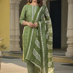 Indo Era Women Ethnic Motifs Printed Regular Thread Work Pure Cotton Kurta with Trousers & With Dupatta image 2