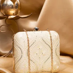 ARTKLIM Sequins & Thread work Embroidered Box Clutch withSling Chain-image-13