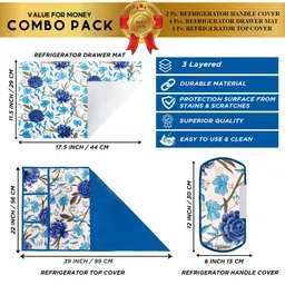 E-Retailer White & Blue 7Pcs Printed Waterproof 3-Layered Refrigerator Covers With Pockets image 4