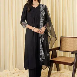 Indo Era Women Ethnic Motifs Embroidered Pleated Thread Work Kurta with Trousers & With Dupatta image 2