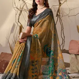 Moda Rapido Ethnic Motifs Printed Woven Design Pure Linen Saree image 5