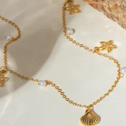 DressBerry 18KT Gold-Plated Stainless Steel Pearls Beaded Ocean Charm Pendant with Chain image 2