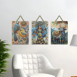 ArtVibes Blue & Green 3 Pieces Birds Beauty & The Bull Printed Wooden Hanging Wall Arts-picture-12
