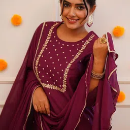 RUNAYA NX Floral Embroidered Beads & Stones Straight Kurta With Trousers & Dupatta image 5