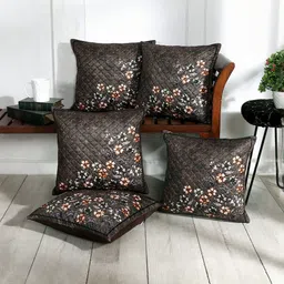 BLUEDOT Grey & Off White Floral Velvet 5 Pieces Square Cushion Covers-16 InchX16 inch-picture-31