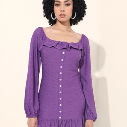 Freehand by The Indian Garage Co Women Self Design Puff Sleeves Schiflli Sheath Dress-image-48