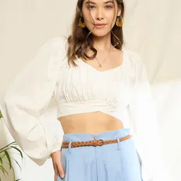Berrylush Sweetheart Neck Bishop Sleeves Styled Back Crop Top-picture-17