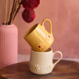 WEAVING HOMES Set Of 2 Yellow & Off WhiteSolid Ceramic Glossy Cups and Mugs image 3