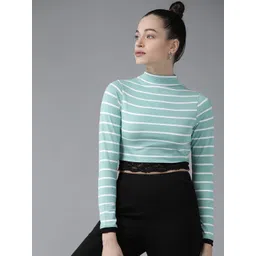 KASSUALLY Women Green & White Striped Pure Cotton Regular Crop Top-picture-31