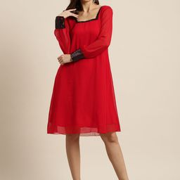Qurvii Solid Sequined Puff Sleeve Georgette A-Line Dress-picture-41