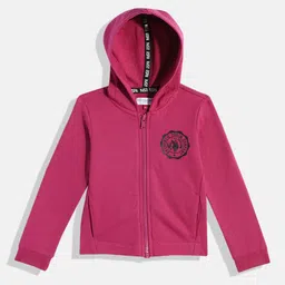 U.S. Polo Assn. Kids Girls Fuchsia Pink Solid Hooded Front-Open Sweatshirt With Brand Logo-picture-11