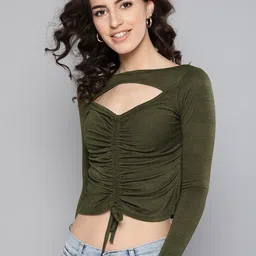Veni Vidi Vici Women Olive Green Solid Fitted Crop Top image 3