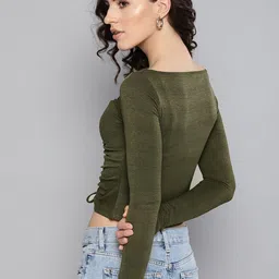 Veni Vidi Vici Women Olive Green Solid Fitted Crop Top image 5