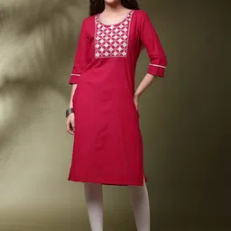 Anouk Floral Yoke Design Round Neck Thread Work Pure Cotton Straight Kurta-picture-22