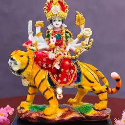 White Mango Decor Red & Yellow Goddess Sherawali Mata Idol Showpiece-image-1