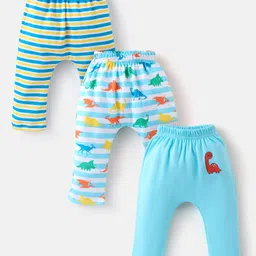 Babyhug Cotton Diaper Pants Pack of 3 Striped & Dino Print - Blue-image-97