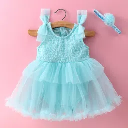 Mark & Mia Sleeveless Frock Style Onesie with Floral & Bow Detailing & Headband - Mint Blue-picture-28